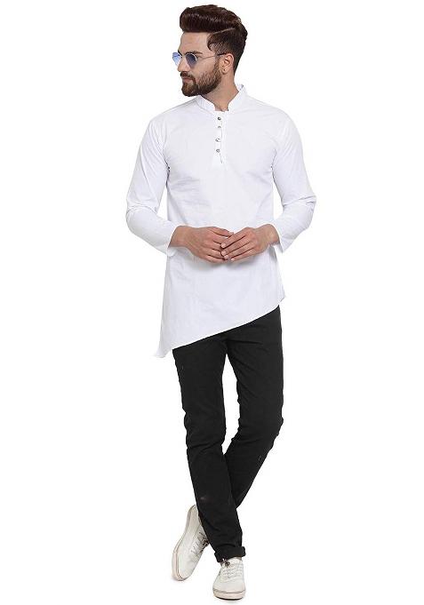 White Traditional Cotton Blend Kurta For Men