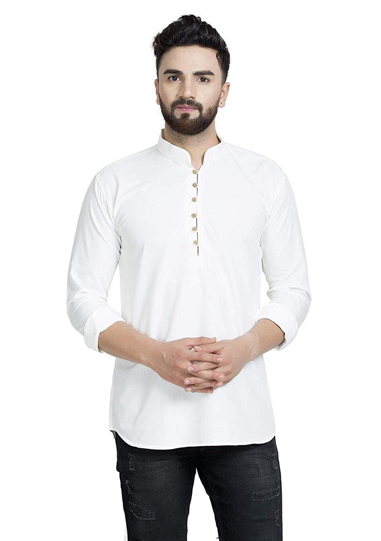 White Traditional Cotton Blend Kurta For Men - Indya