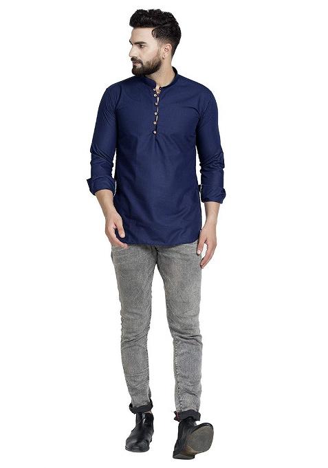 Navy Traditional Cotton Blend Kurta For Men