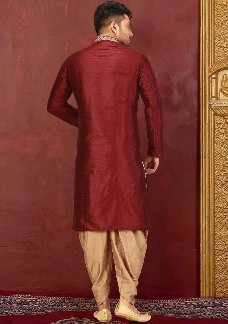 Black Traditional Dupion Silk Kurta Set For Men - Indya