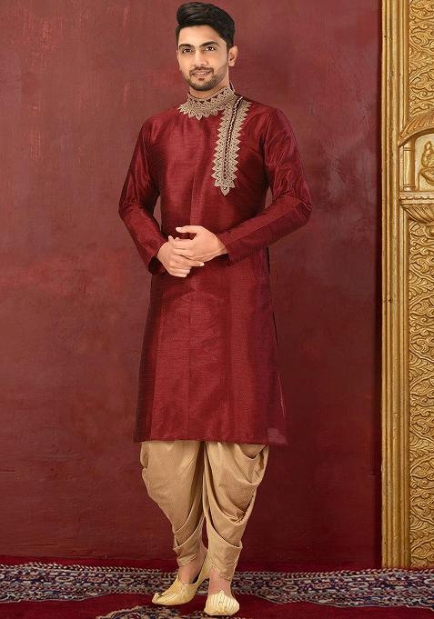 Black Traditional Dupion Silk Kurta Set For Men