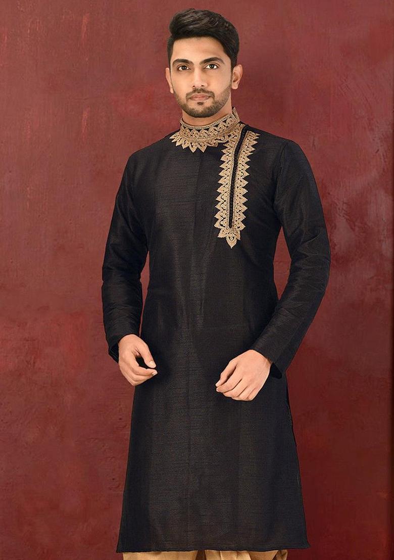 White Traditional Dupion Silk Kurta Set For Men - Indya