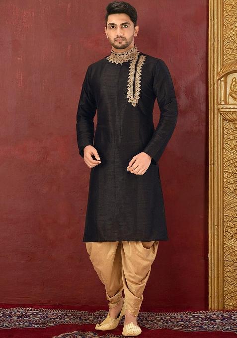 White Traditional Dupion Silk Blend Kurta Set For Men