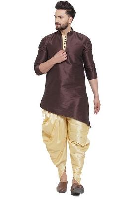 Grey Traditional Dupion Silk Kurta Set For Men