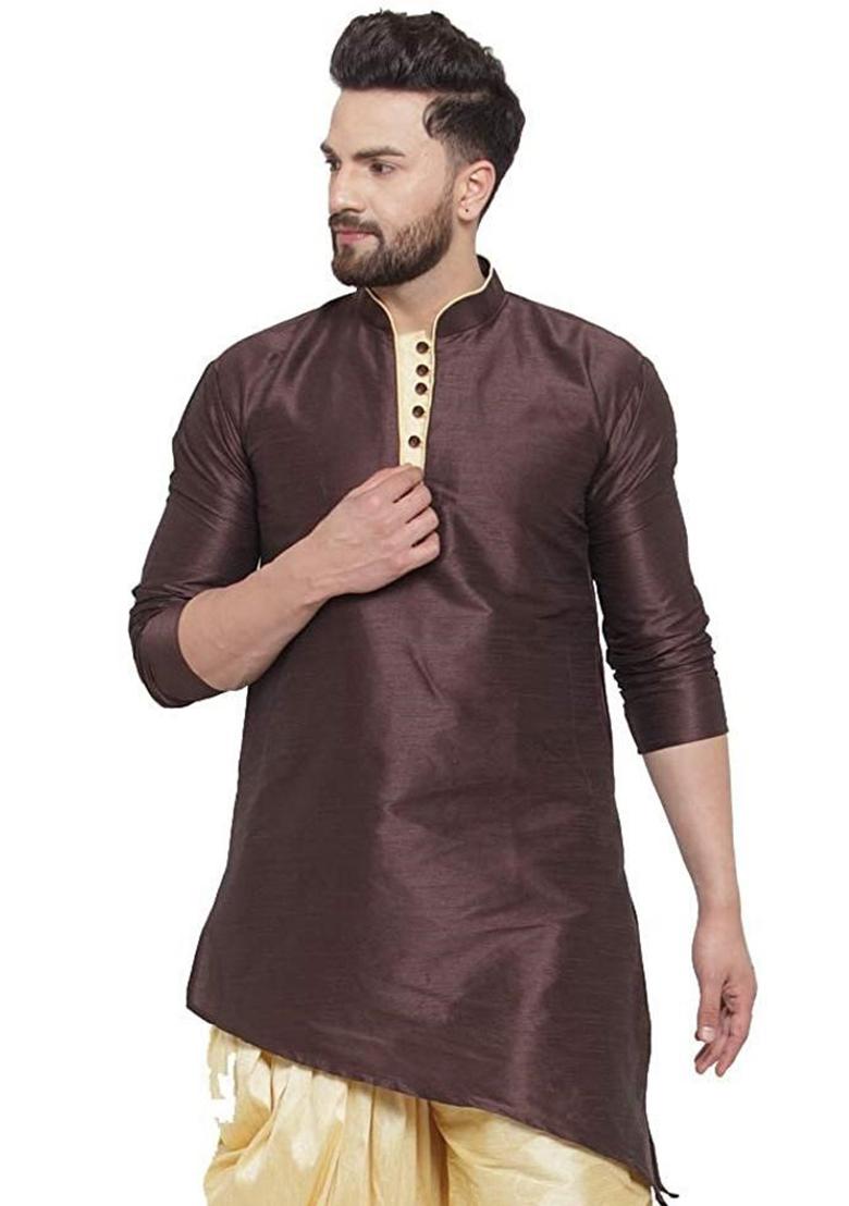 Grey Traditional Dupion Silk Kurta Set For Men - Indya