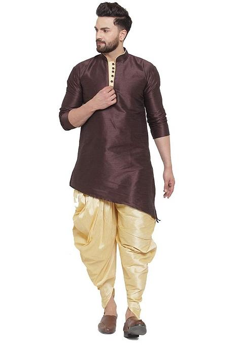 Grey Traditional Dupion Silk Kurta Set For Men