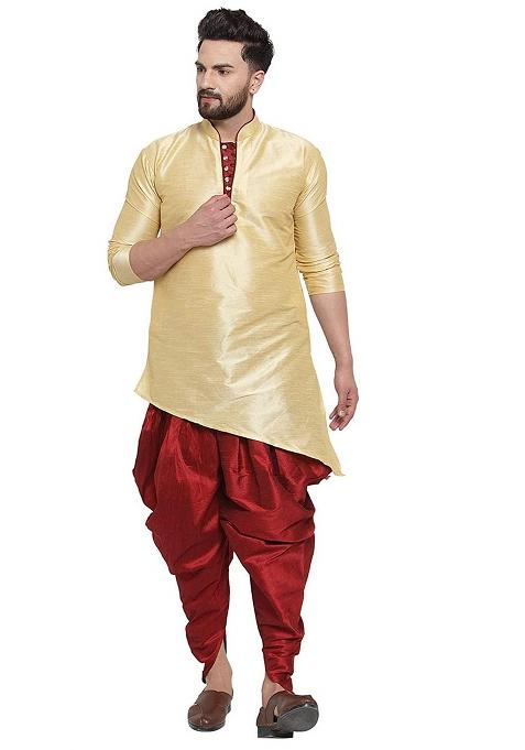Maroon Traditional Dupion Silk Kurta Set For Men