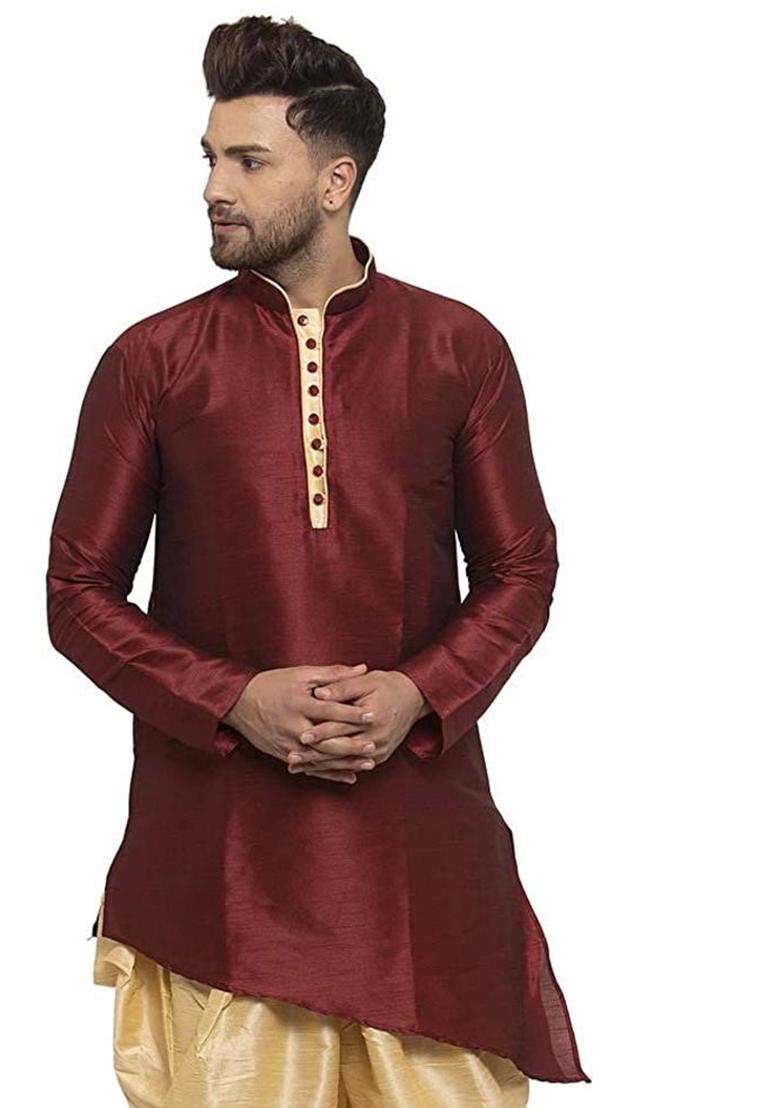 Navy Traditional Dupion Silk Kurta Set For Men - Indya