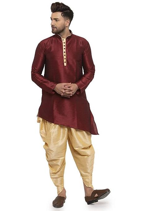 Navy Traditional Dupion Silk Kurta Set For Men