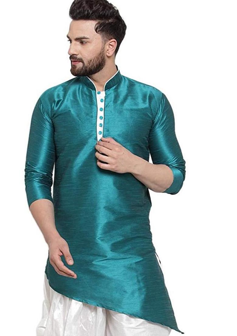White Traditional Dupion Silk Kurta Set For Men - Indya