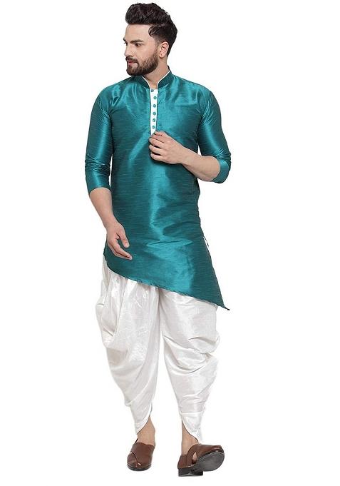 White Traditional Dupion Silk Blend Kurta Set For Men