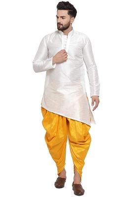 Yellow Traditional Dupion Silk Kurta Set For Men