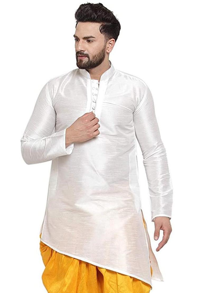 Yellow Traditional Dupion Silk Kurta Set For Men - Indya