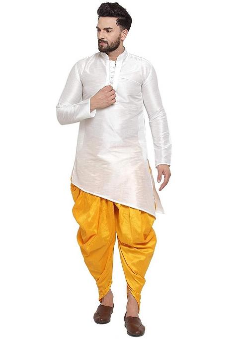 Yellow Traditional Dupion Silk Blend Kurta Set For Men