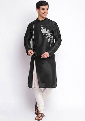 Black Embroidered Dupion Silk Blend Kurta Set For Men