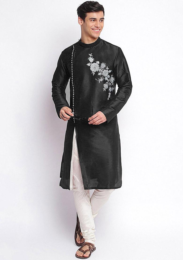 Black Embroidered Dupion Silk Kurta Set For Men - Indya