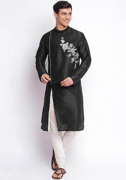 Black Embroidered Dupion Silk Kurta Set For Men