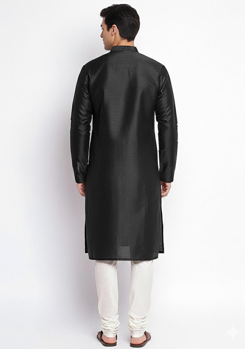 Black Embroidered Dupion Silk Kurta Set For Men - Indya