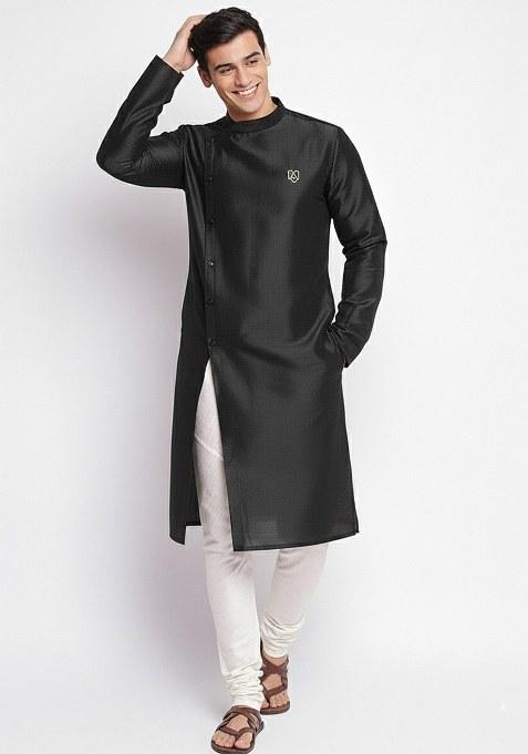 Black Embroidered Dupion Silk Kurta Set For Men