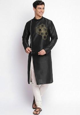 Black Embroidered Dupion Silk Kurta Set For Men
