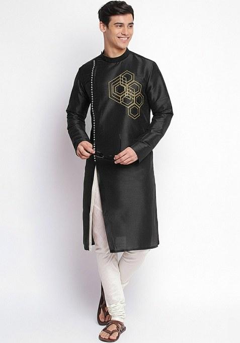 Black Embroidered Dupion Silk Kurta Set For Men