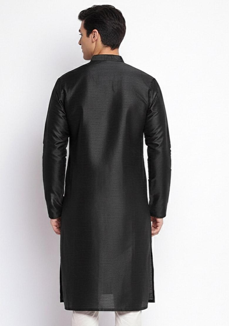 Black Embroidered Dupion Silk Kurta Set For Men - Indya