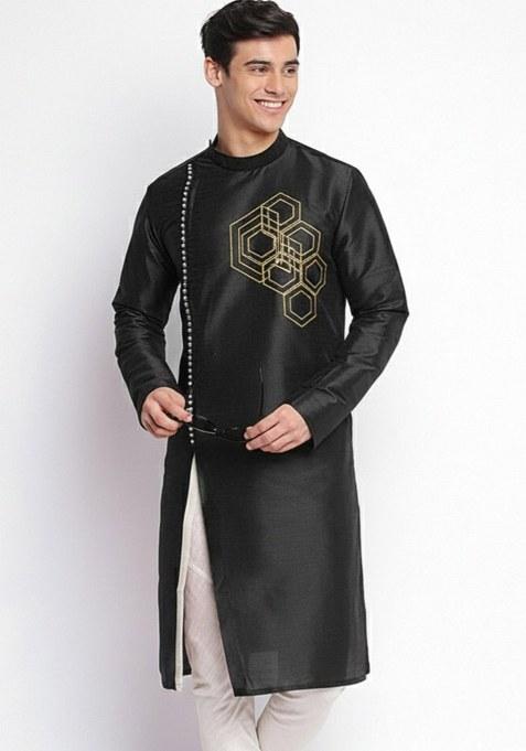 Black Embroidered Dupion Silk Kurta Set For Men