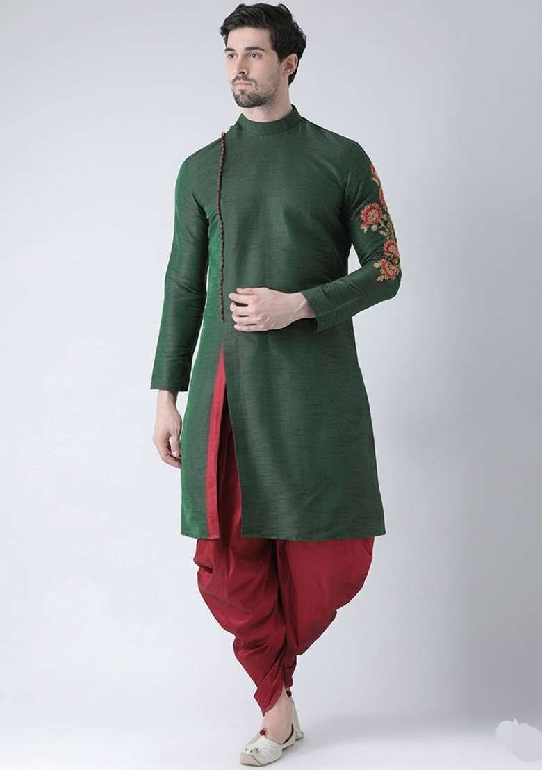 Bottle Green Embroidered Dupion Silk Blend Kurta Set For Men - Indya
