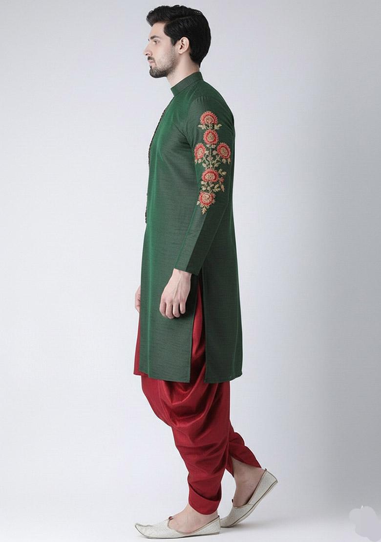 Bottle Green Embroidered Dupion Silk Kurta Set For Men - Indya