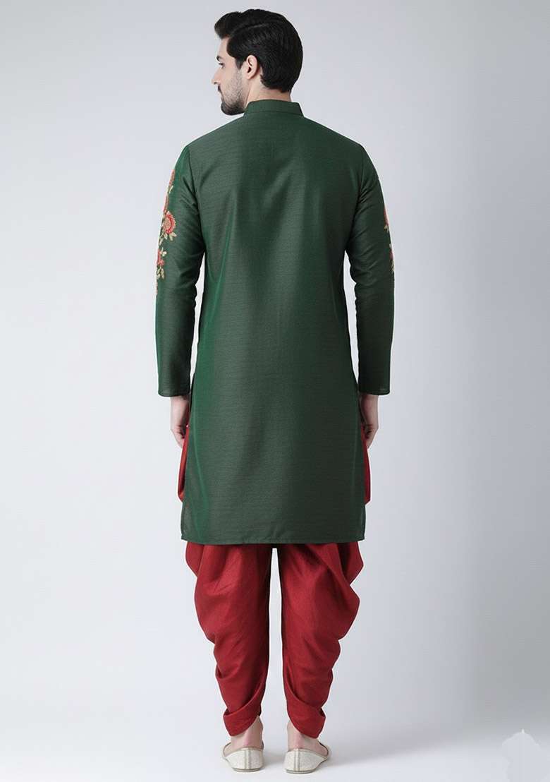 Bottle Green Embroidered Dupion Silk Blend Kurta Set For Men - Indya