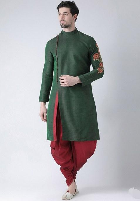 Bottle Green Embroidered Dupion Silk Blend Kurta Set For Men