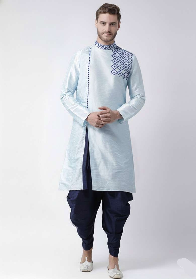 Light Blue Embroidered Dupion Silk Blend Kurta Set For Men - Indya