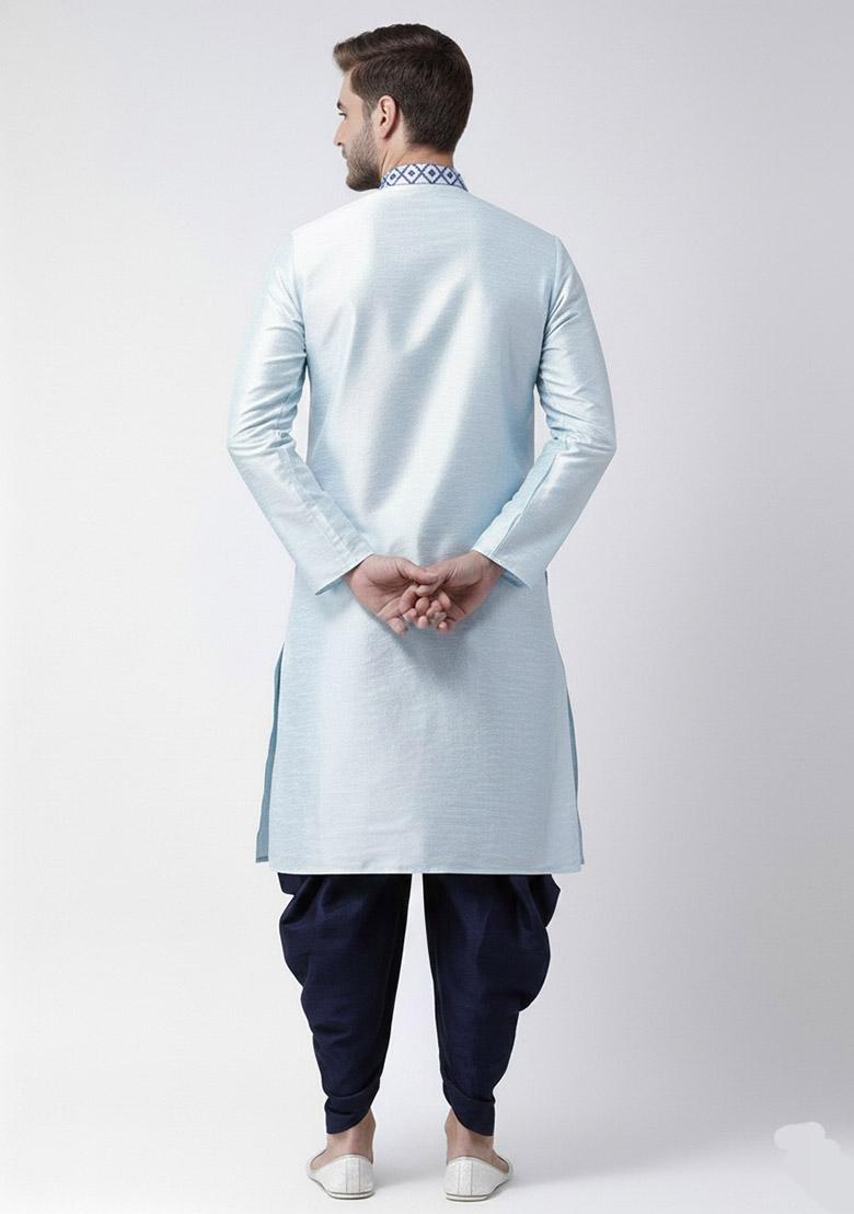 Light Blue Embroidered Dupion Silk Kurta Set For Men - Indya