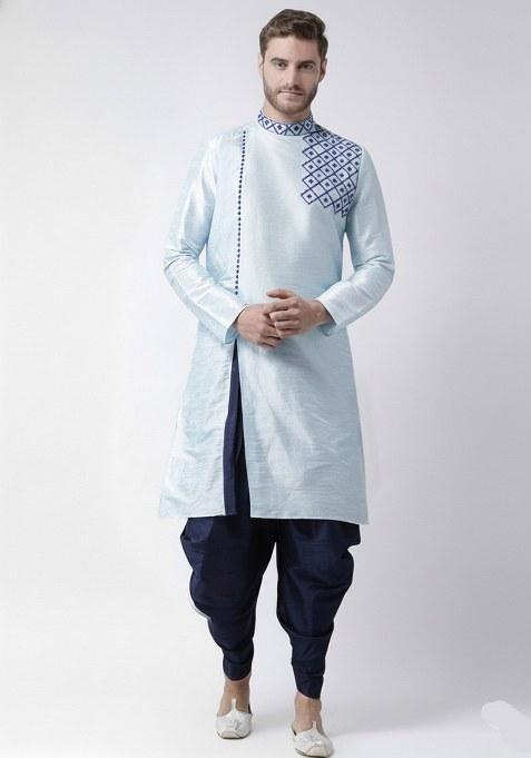 Light Blue Embroidered Dupion Silk Kurta Set For Men
