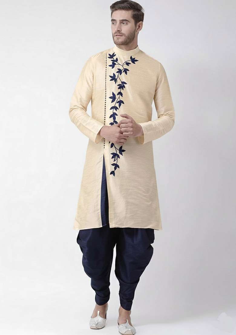 Almond Embroidered Dupion Silk Blend Kurta Set For Men - Indya