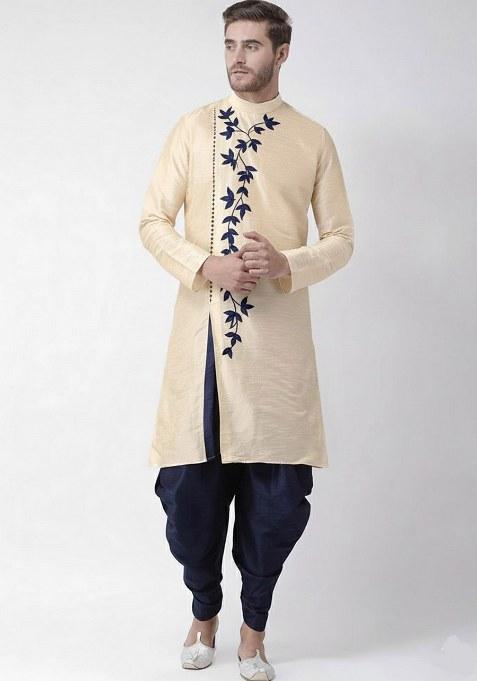 Almond Embroidered Dupion Silk Kurta Set For Men