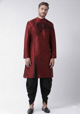 Maroon Embroidered Dupion Silk Kurta Set For Men