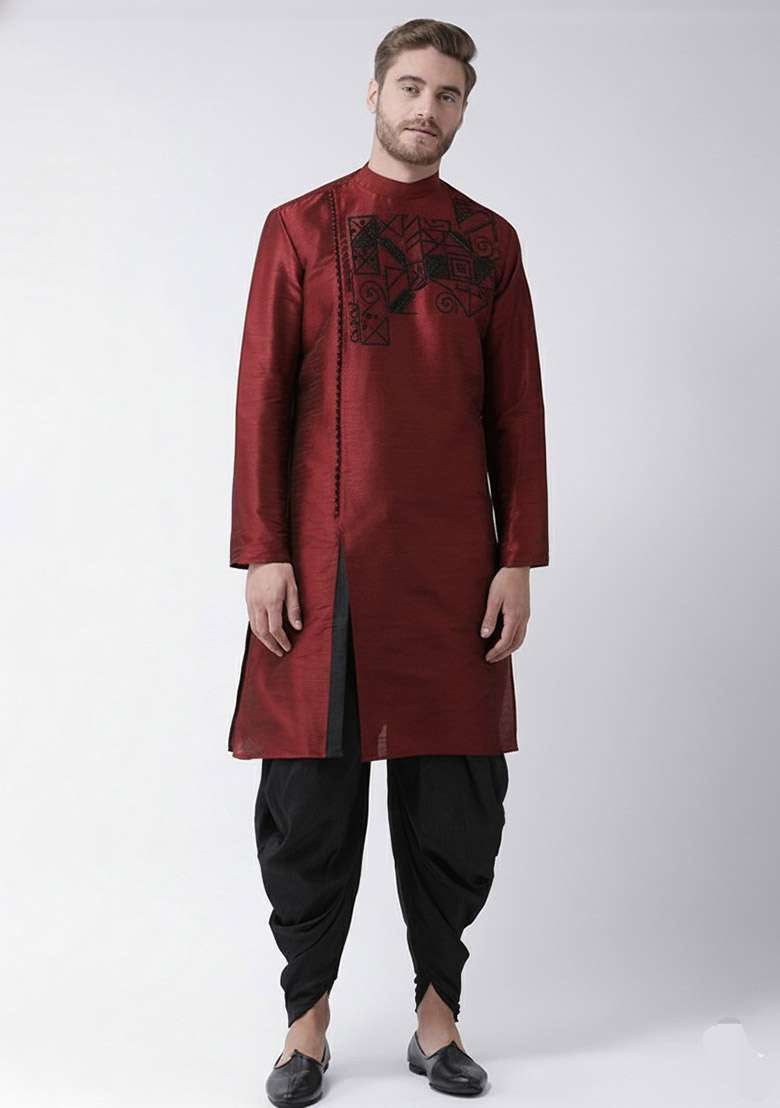 Maroon Embroidered Dupion Silk Blend Kurta Set For Men - Indya