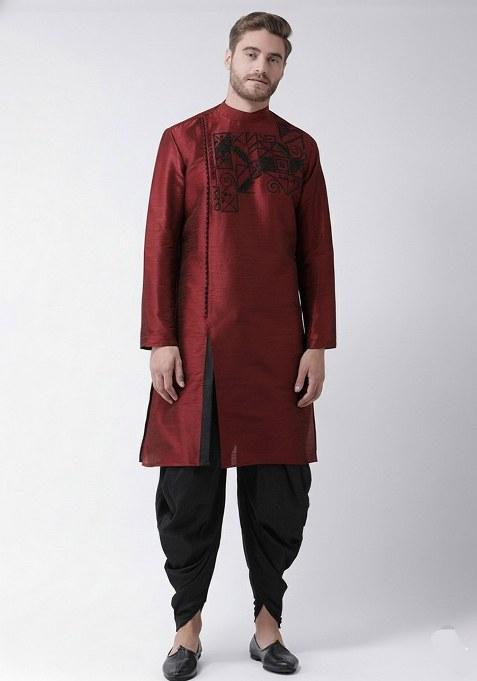 Maroon Embroidered Dupion Silk Kurta Set For Men