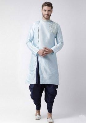 Light Blue Embroidered Dupion Silk Kurta Set For Men