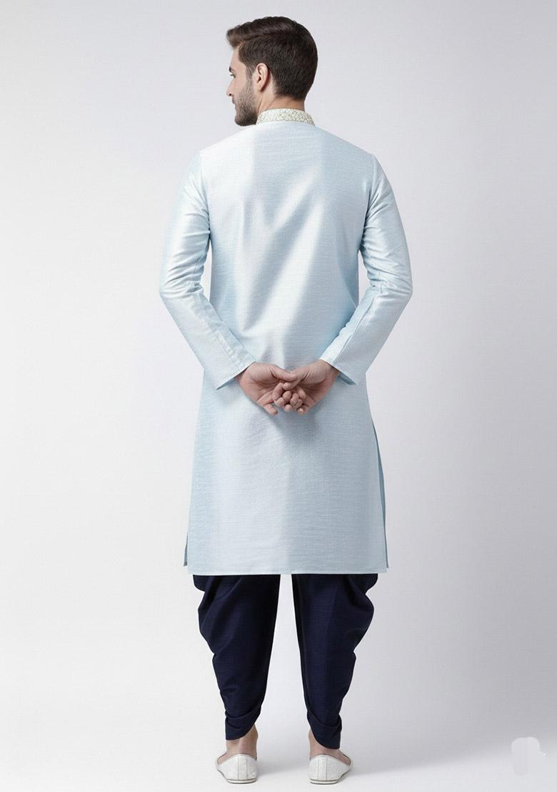 Light Blue Embroidered Dupion Silk Kurta Set For Men - Indya