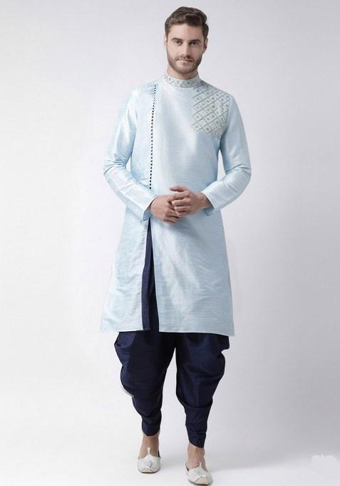 Light Blue Embroidered Dupion Silk Kurta Set For Men
