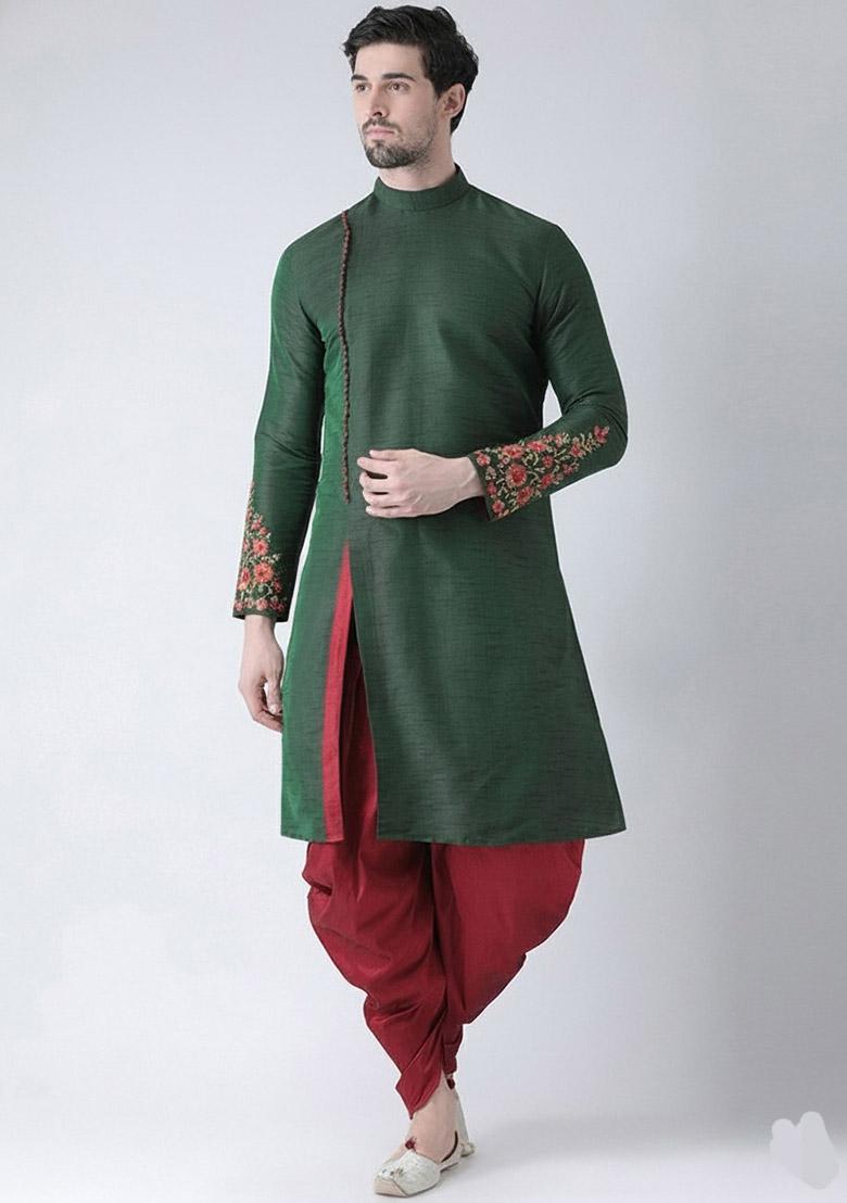 Bottle Green Embroidered Dupion Silk Kurta Set For Men - Indya
