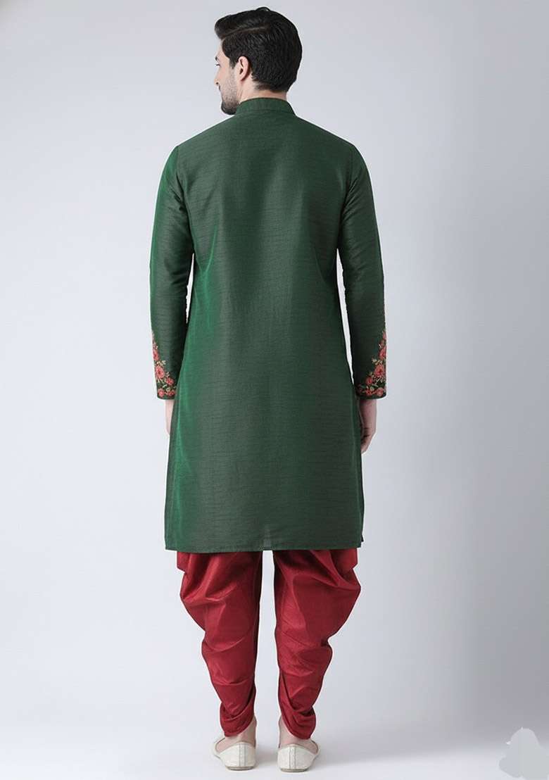 Bottle Green Embroidered Dupion Silk Blend Kurta Set For Men - Indya