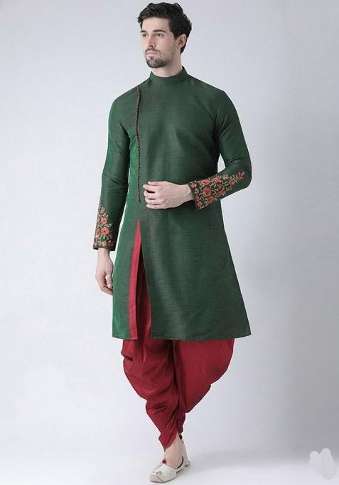 Bottle Green Embroidered Dupion Silk Blend Kurta Set For Men