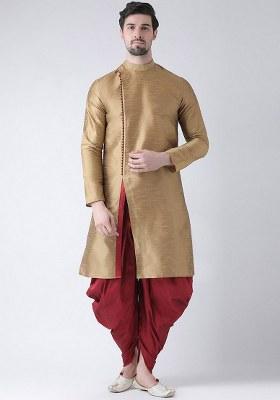 Beige Embroidered Dupion Silk Kurta Set For Men