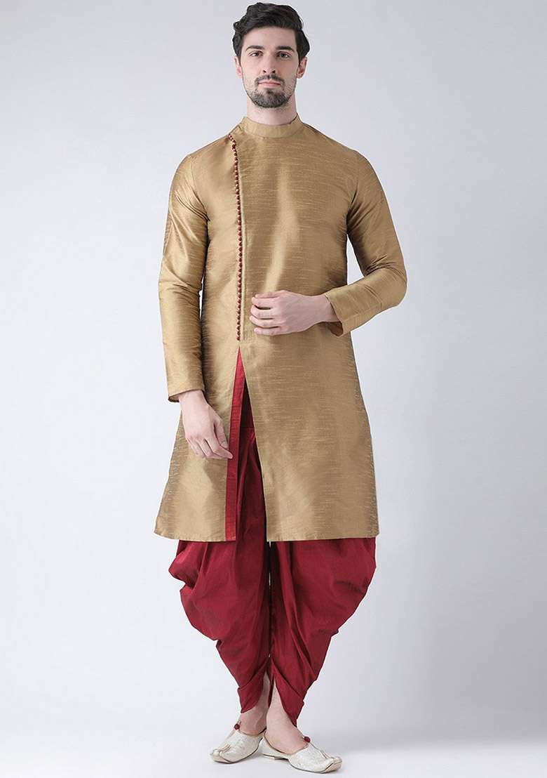 Beige Embroidered Dupion Silk Blend Kurta Set For Men - Indya