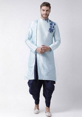 Light Blue Embroidered Dupion Silk Kurta Set For Men