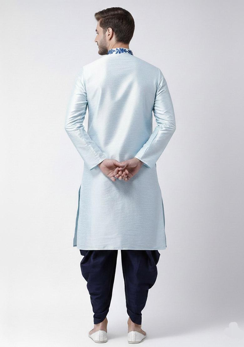 Light Blue Embroidered Dupion Silk Kurta Set For Men - Indya