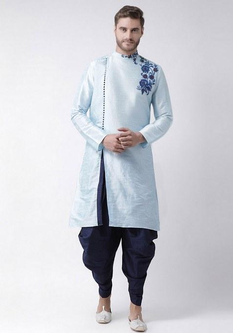 Light Blue Embroidered Dupion Silk Kurta Set For Men